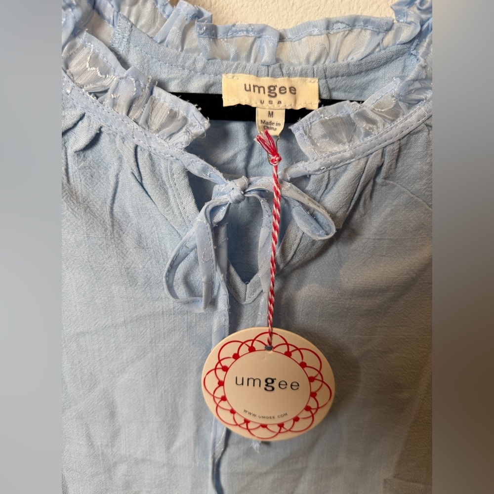NWT Umgee Misty Blue Linen Mix Boho Fairycore M Ethereal Burnout Sleeve Top - Picture 7 of 10